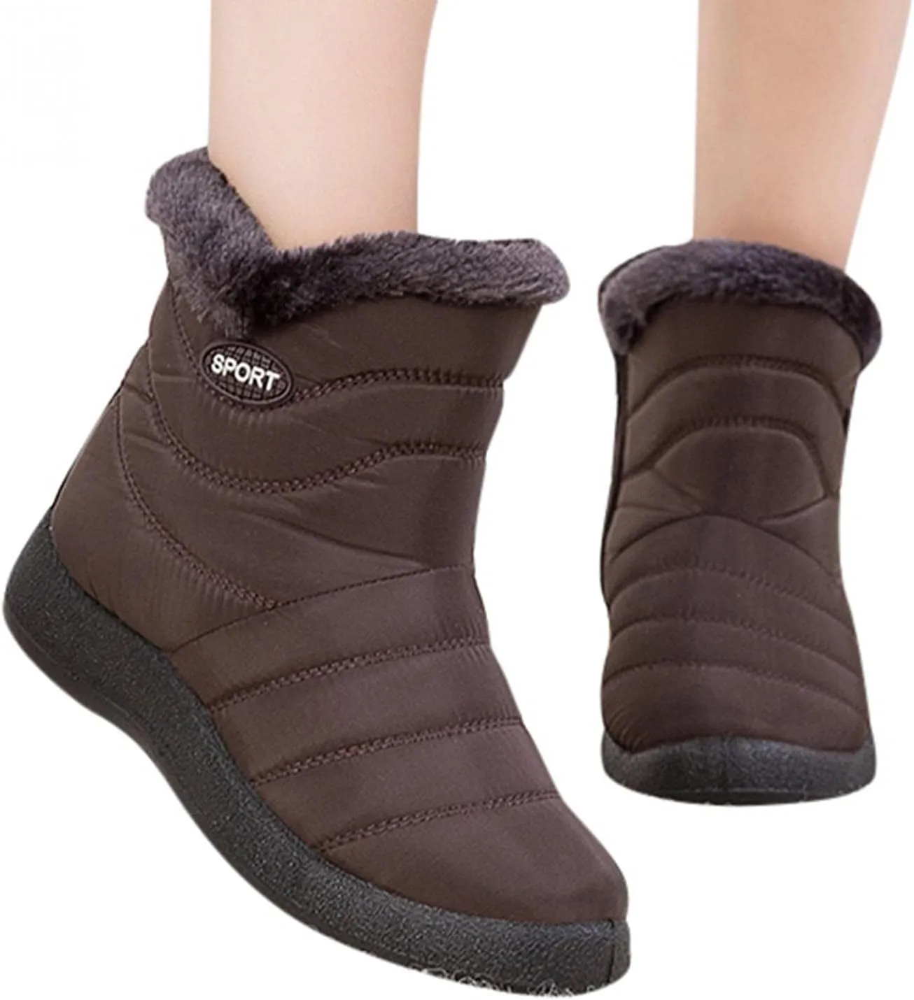 Hbeylia Winter Snow Boots For Women Lightweight Waterproof Thermal Faux Fur Slip On Flats Fuzzy Ankle Booties Soft Plush Warm Non Slip No Heels Mid Calf Short Boots For Riding Hiking Skiing Walking
