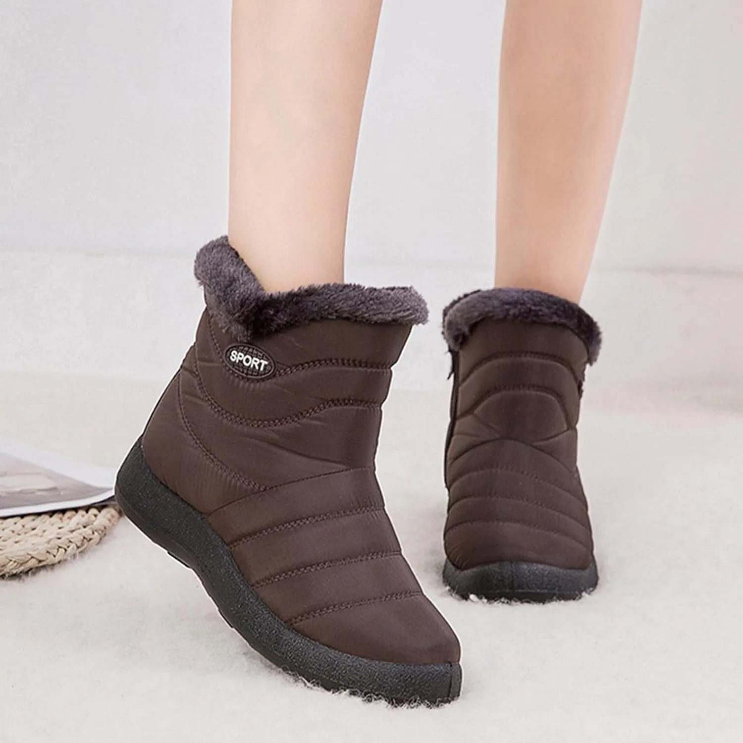 Hbeylia Winter Snow Boots For Women Lightweight Waterproof Thermal Faux Fur Slip On Flats Fuzzy Ankle Booties Soft Plush Warm Non Slip No Heels Mid Calf Short Boots For Riding Hiking Skiing Walking
