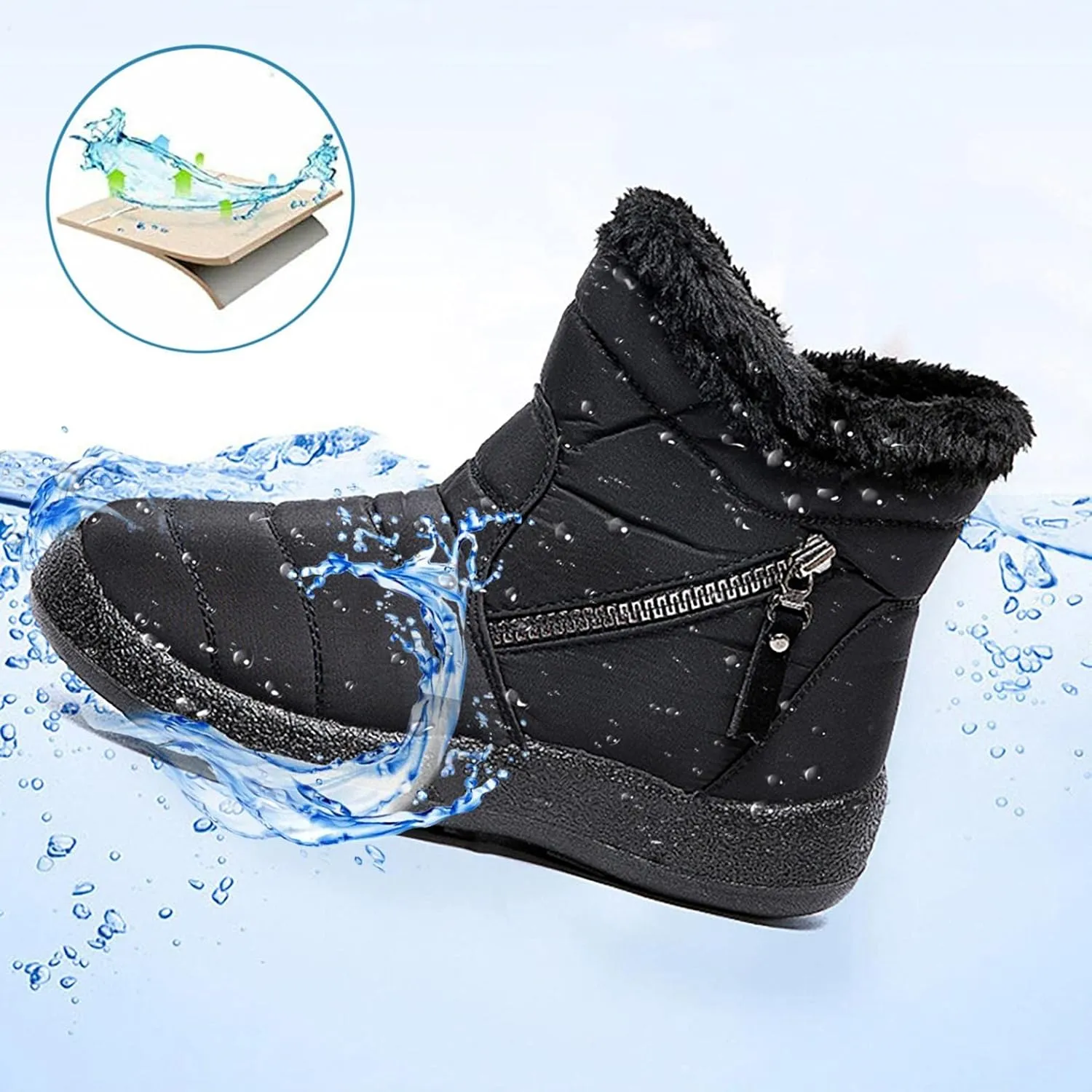 Hbeylia Winter Snow Boots For Women Waterproof Thermal Plush Fur Lined Slip On Flats Ankle Booties With Zipper Lightweight Comfort Non Slip Low Heels Plush Furry Warm Mid Calf Winter Short Boots