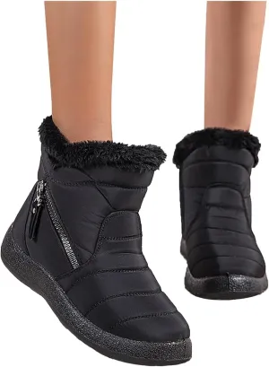 Hbeylia Winter Snow Boots For Women Waterproof Thermal Plush Fur Lined Slip On Flats Ankle Booties With Zipper Lightweight Comfort Non Slip Low Heels Plush Furry Warm Mid Calf Winter Short Boots