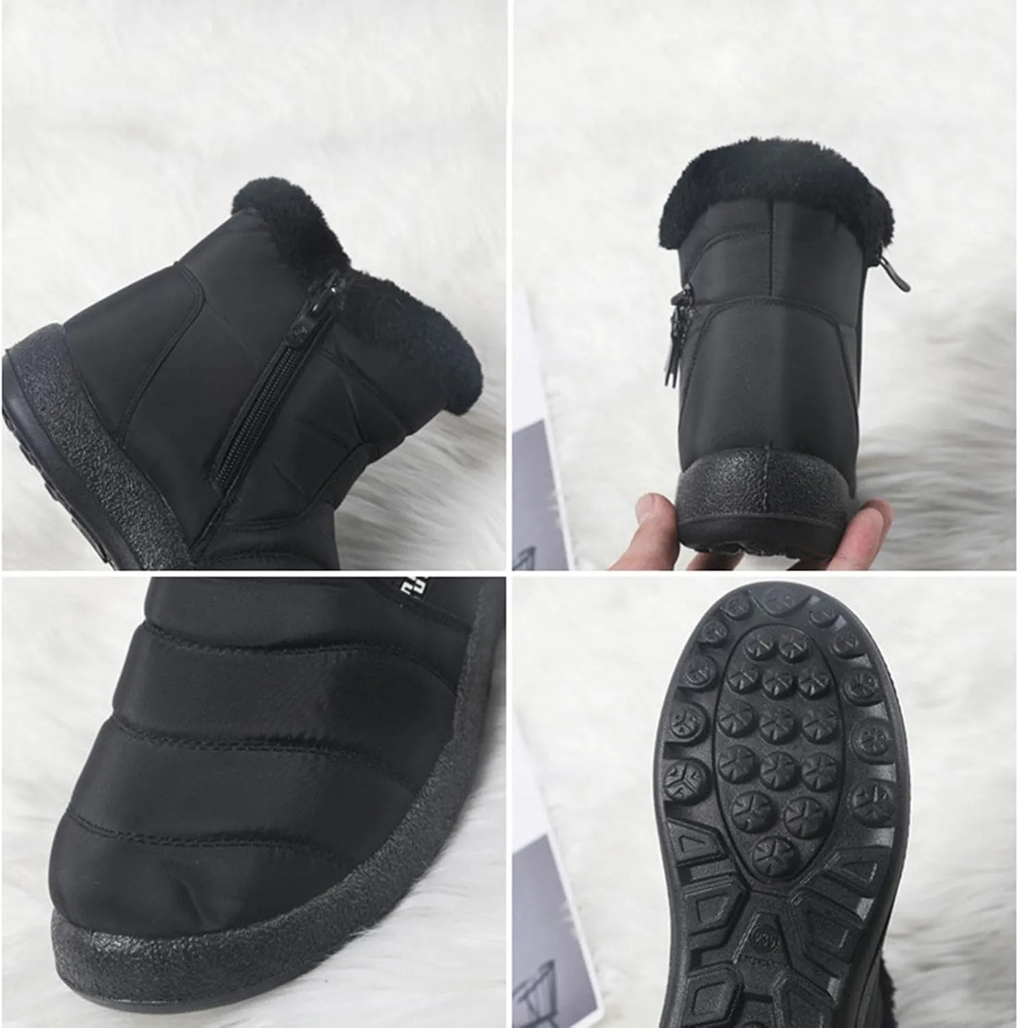 Hbeylia Winter Snow Boots For Women Waterproof Thermal Plush Fur Lined Slip On Flats Ankle Booties With Zipper Lightweight Comfort Non Slip Low Heels Plush Furry Warm Mid Calf Winter Short Boots