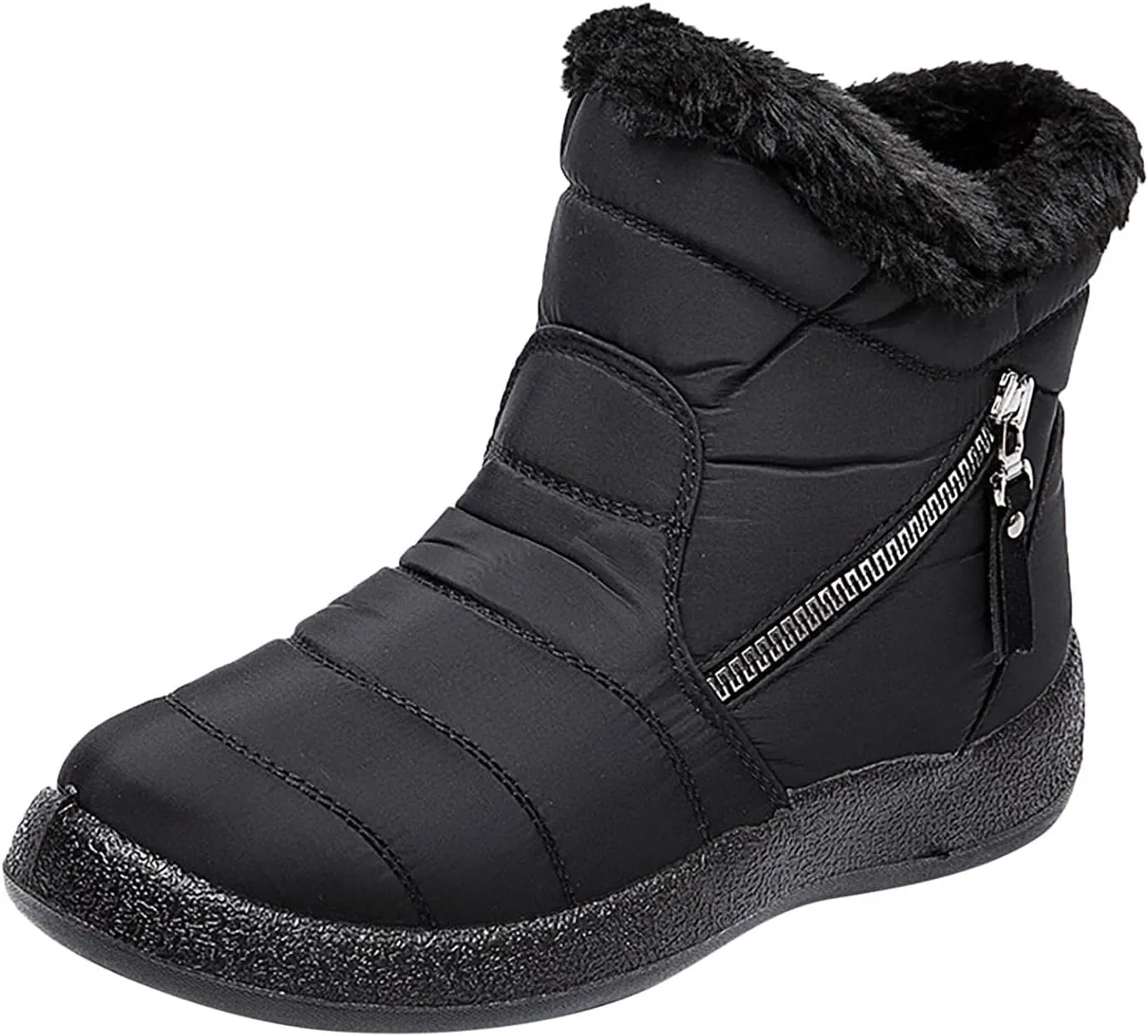 Hbeylia Winter Snow Boots For Women Waterproof Thermal Plush Fur Lined Slip On Flats Ankle Booties With Zipper Lightweight Comfort Non Slip Low Heels Plush Furry Warm Mid Calf Winter Short Boots