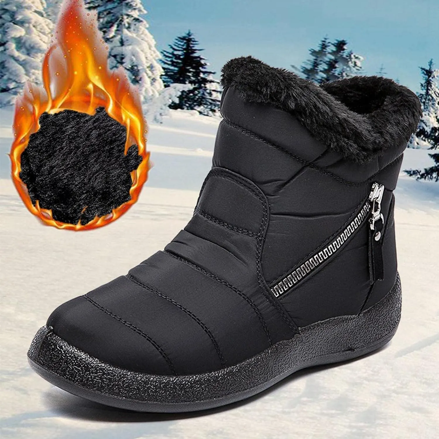 Hbeylia Winter Snow Boots For Women Waterproof Thermal Plush Fur Lined Slip On Flats Ankle Booties With Zipper Lightweight Comfort Non Slip Low Heels Plush Furry Warm Mid Calf Winter Short Boots