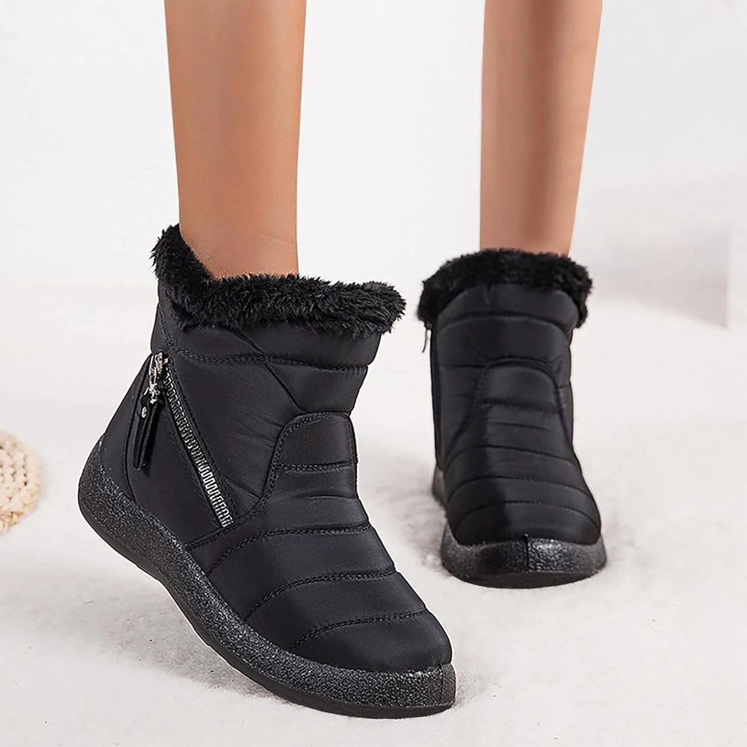 Hbeylia Winter Snow Boots For Women Waterproof Thermal Plush Fur Lined Slip On Flats Ankle Booties With Zipper Lightweight Comfort Non Slip Low Heels Plush Furry Warm Mid Calf Winter Short Boots