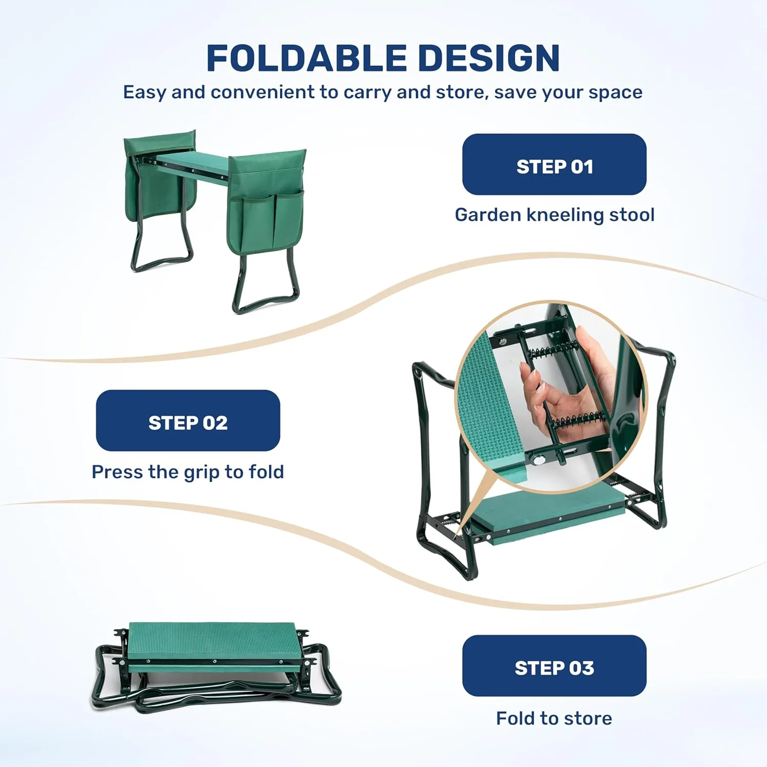 Healsmart Garden Kneeler and Seat, Foldable Kneeling Bench with Sturdy Soft EVA Foam Pad, for Camping, Gardening, Fishing, 2 Tool Pouches Included, Green