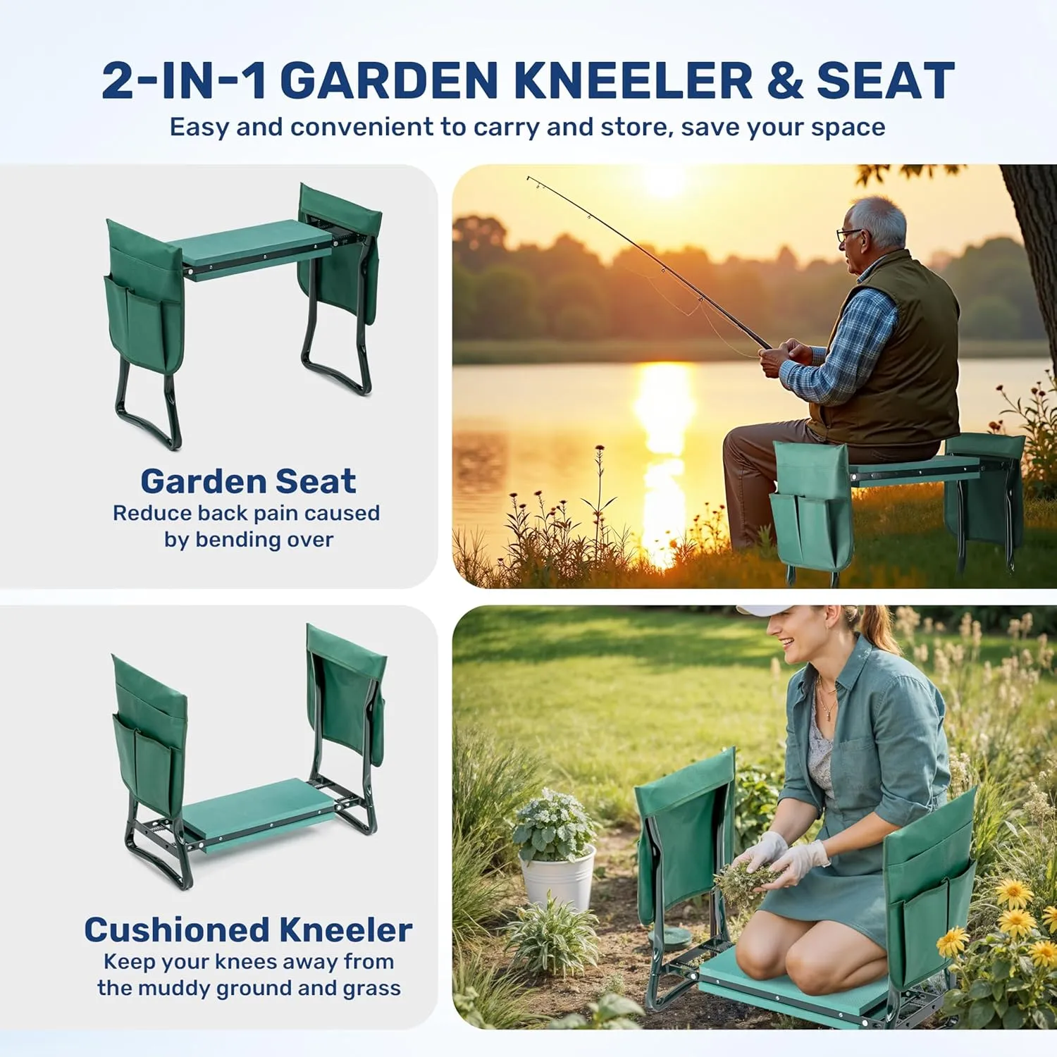 Healsmart Garden Kneeler and Seat, Foldable Kneeling Bench with Sturdy Soft EVA Foam Pad, for Camping, Gardening, Fishing, 2 Tool Pouches Included, Green