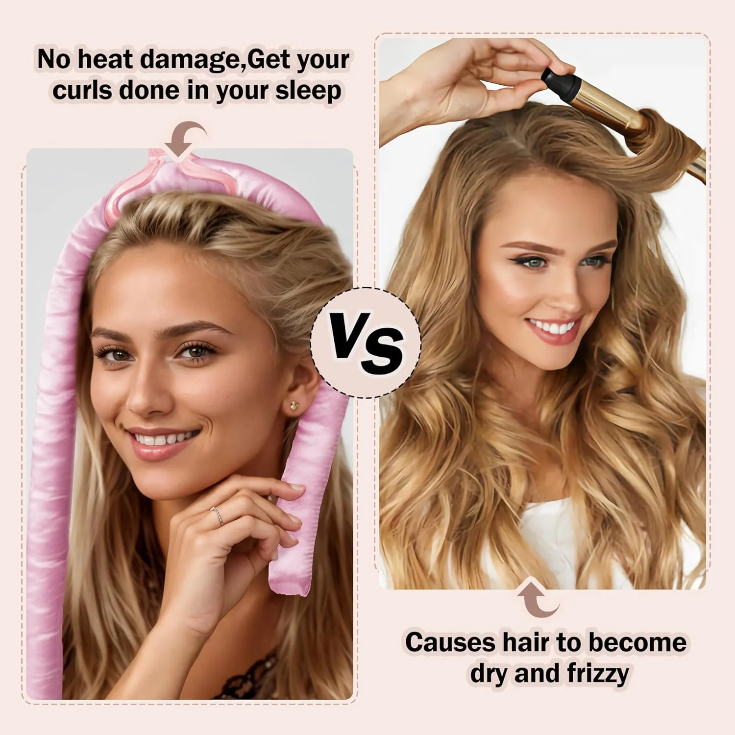 Heatless Hair Curler,Blowout Heatless Curls Overnight,No Heat Curling Rod Set with Satin Bonnet for Sleep in,Pink