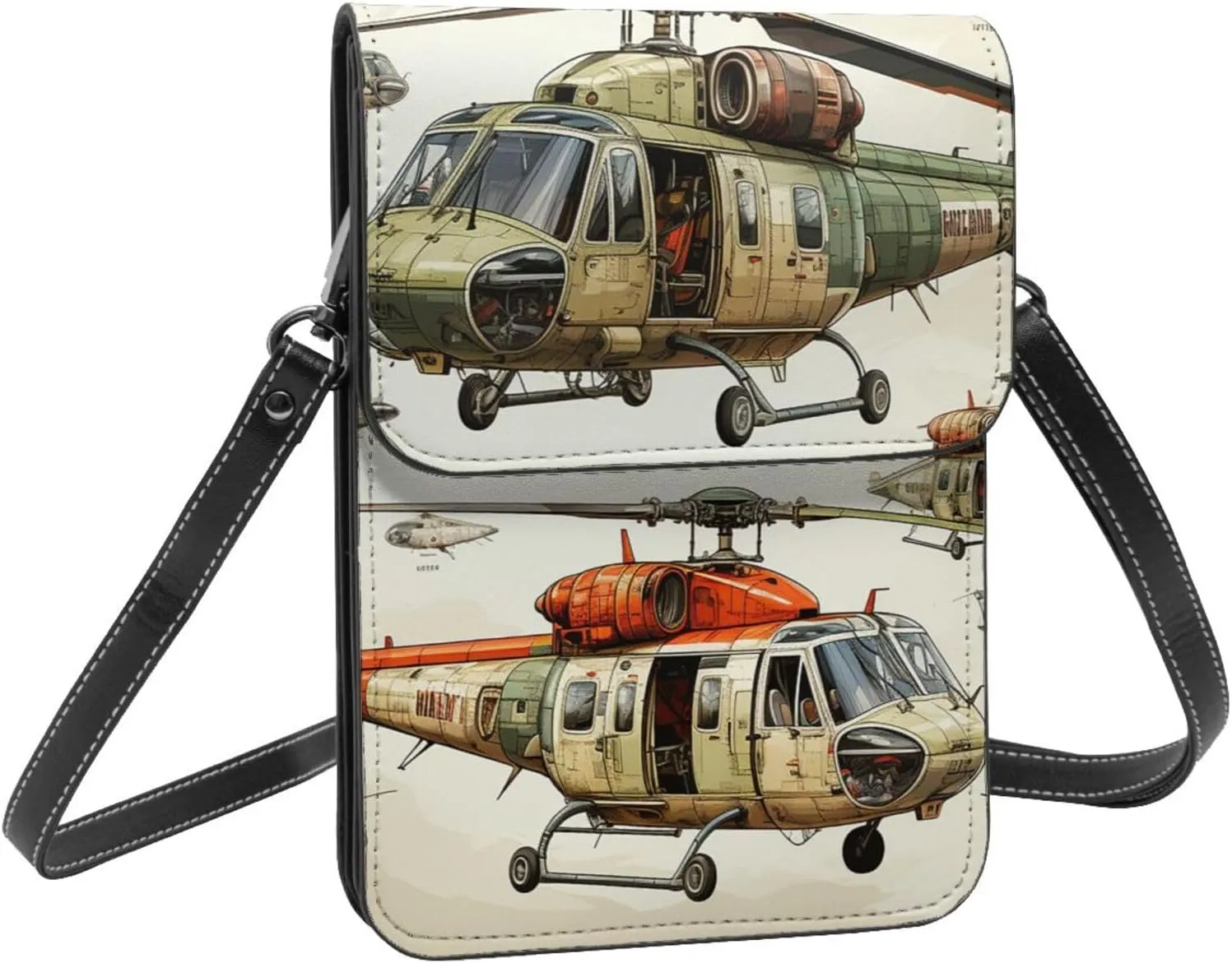 Helicopters aviation cartoon aircraft vintage crossbody cell phone purse for womens lightweight small soft leather fashion travel wallet with adjustable strap