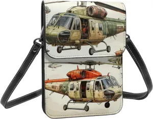 Helicopters aviation cartoon aircraft vintage crossbody cell phone purse for womens lightweight small soft leather fashion travel wallet with adjustable strap