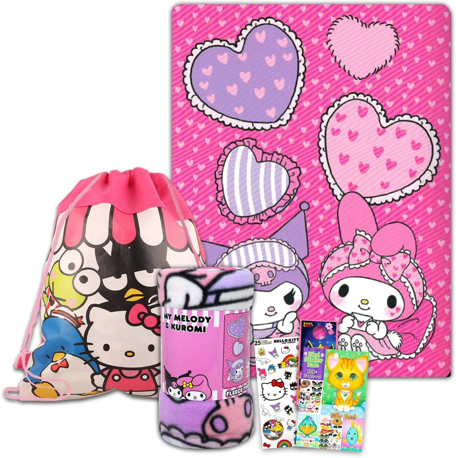Hello Kitty Fleece Blanket Sleepover Set for Girls - Bundle with 45x60 Inch My Melody Throw Blanket, Hello Kitty and Friends Bag, Stickers and More | Hello Kitty Overnight Pack