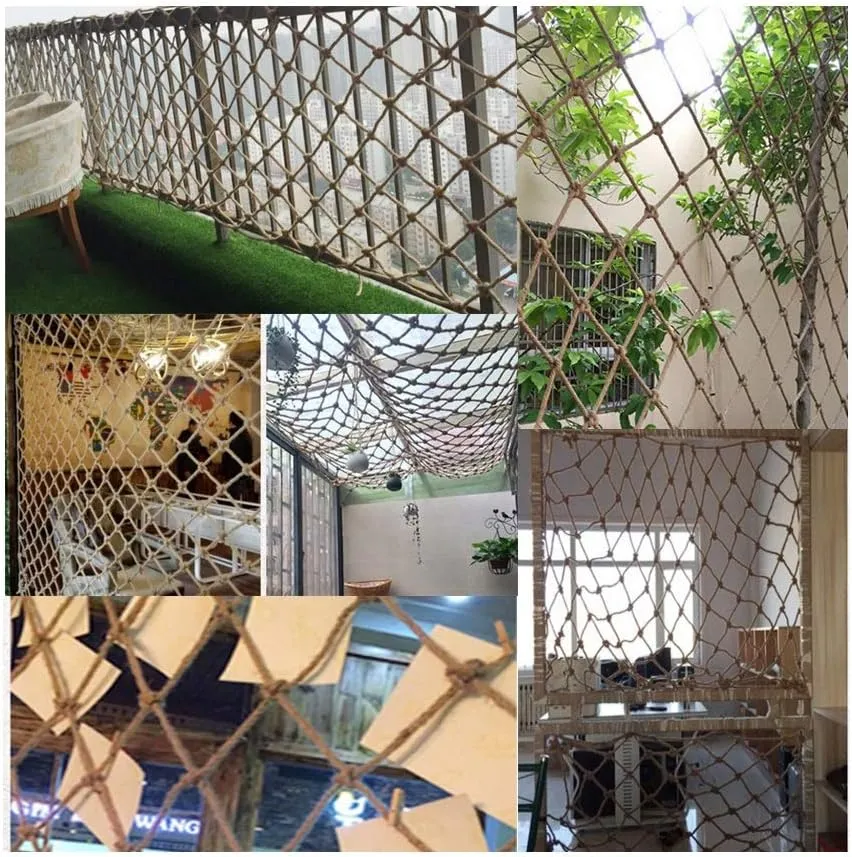 Hemp Rope Net Fence Net Decor Climbing Cargo Net Woven Rope Truck Cargo Trailer Netting Non-Slip Playground Railings Safety Netting Protection Net Hemp Safety net Dia 4mm