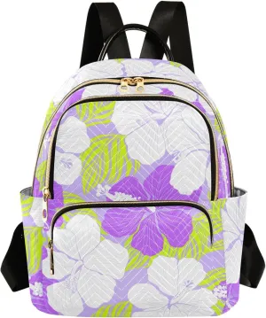 Hibiscus Outlines Purple Backpack Purse for Women Fashion Small Mini Daypack Purse for Lady Anti-theft Shoulder Bag with Double Zipper Weekend Bag