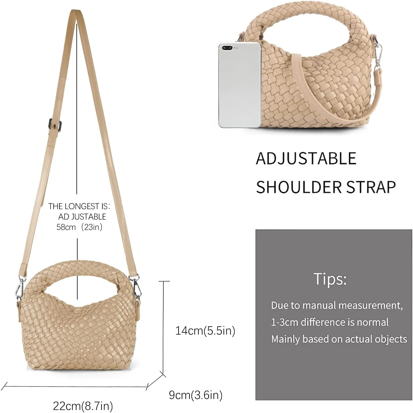 Hnycinj Hand Woven Crossbody Tote Bag for Women Small Handbag Vegan Leather Shoulderbag Lightweight Cute Purse Top Handle Bag