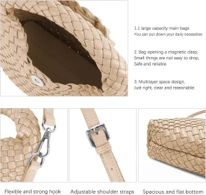 Hnycinj Hand Woven Crossbody Tote Bag for Women Small Handbag Vegan Leather Shoulderbag Lightweight Cute Purse Top Handle Bag