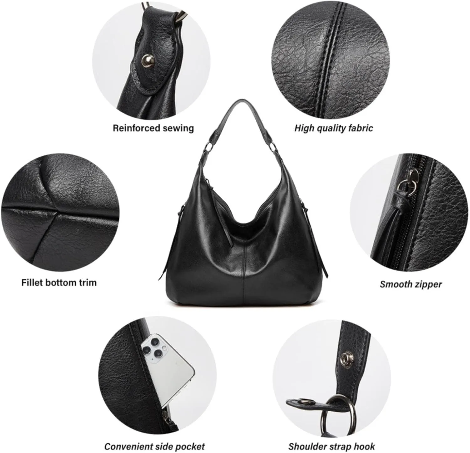 Hobo Bags for Women Soft PU Leather Slouchy Bag Shoulder Purse with Zipper 3 In 1 Large Capacity Shopping Tote Leisure Messenger Bags PU Leather Purses and Handbags Shoulder Bag Z-Black