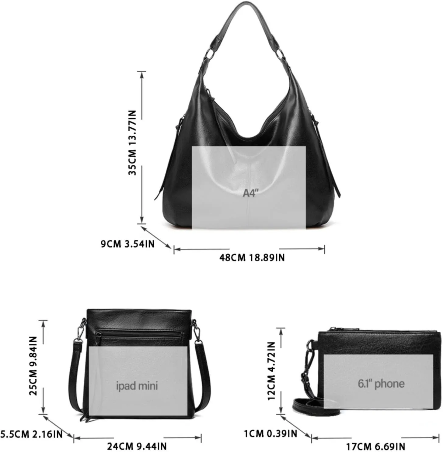 Hobo Bags for Women Soft PU Leather Slouchy Bag Shoulder Purse with Zipper 3 In 1 Large Capacity Shopping Tote Leisure Messenger Bags PU Leather Purses and Handbags Shoulder Bag Z-Black