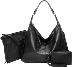 Hobo Bags for Women Soft PU Leather Slouchy Bag Shoulder Purse with Zipper 3 In 1 Large Capacity Shopping Tote Leisure Messenger Bags PU Leather Purses and Handbags Shoulder Bag Z-Black