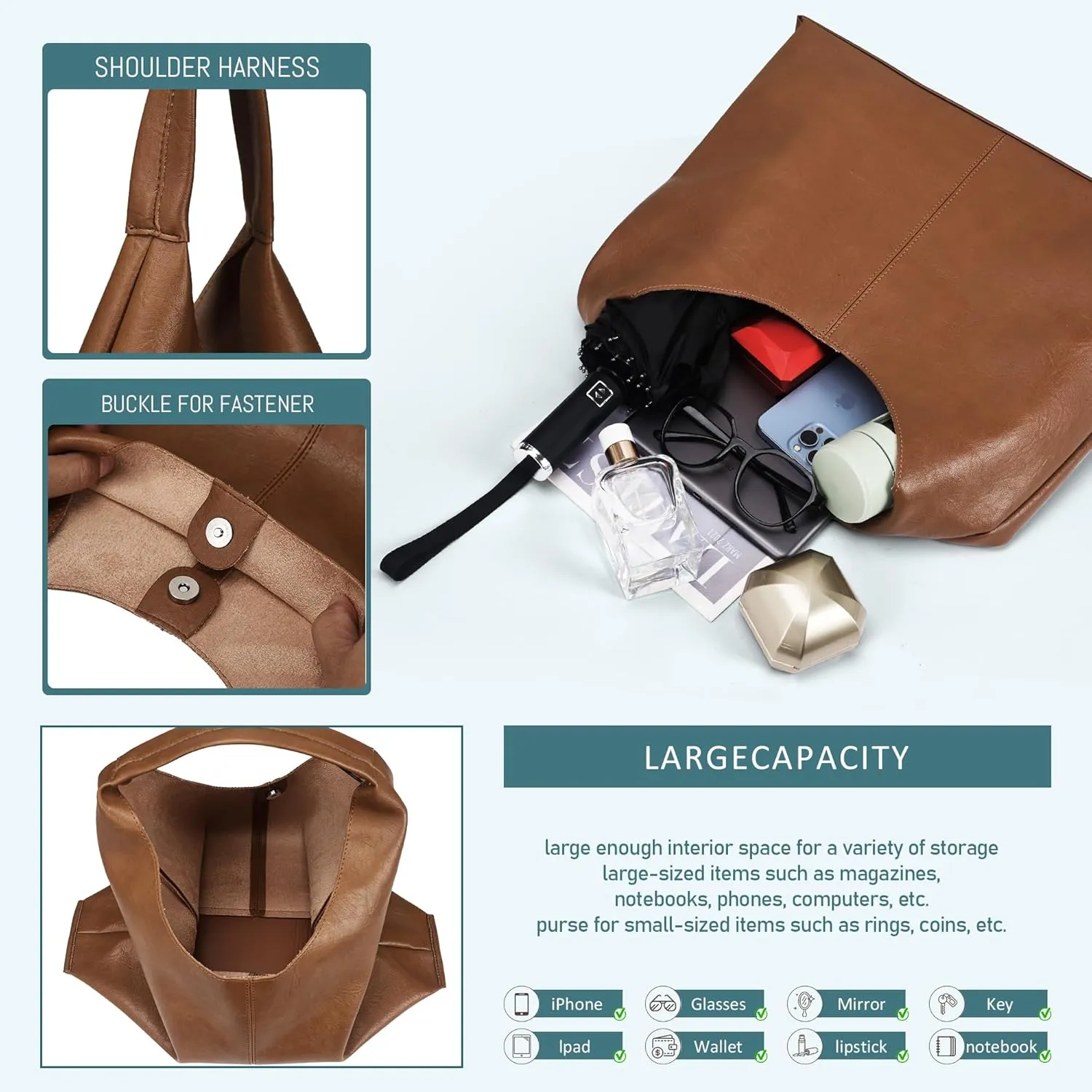 Hobo Shoulder Bag for Women Trendy Lightweight Soft Foldable Leather Hobo Tote Handbag with Coin Purse for Women