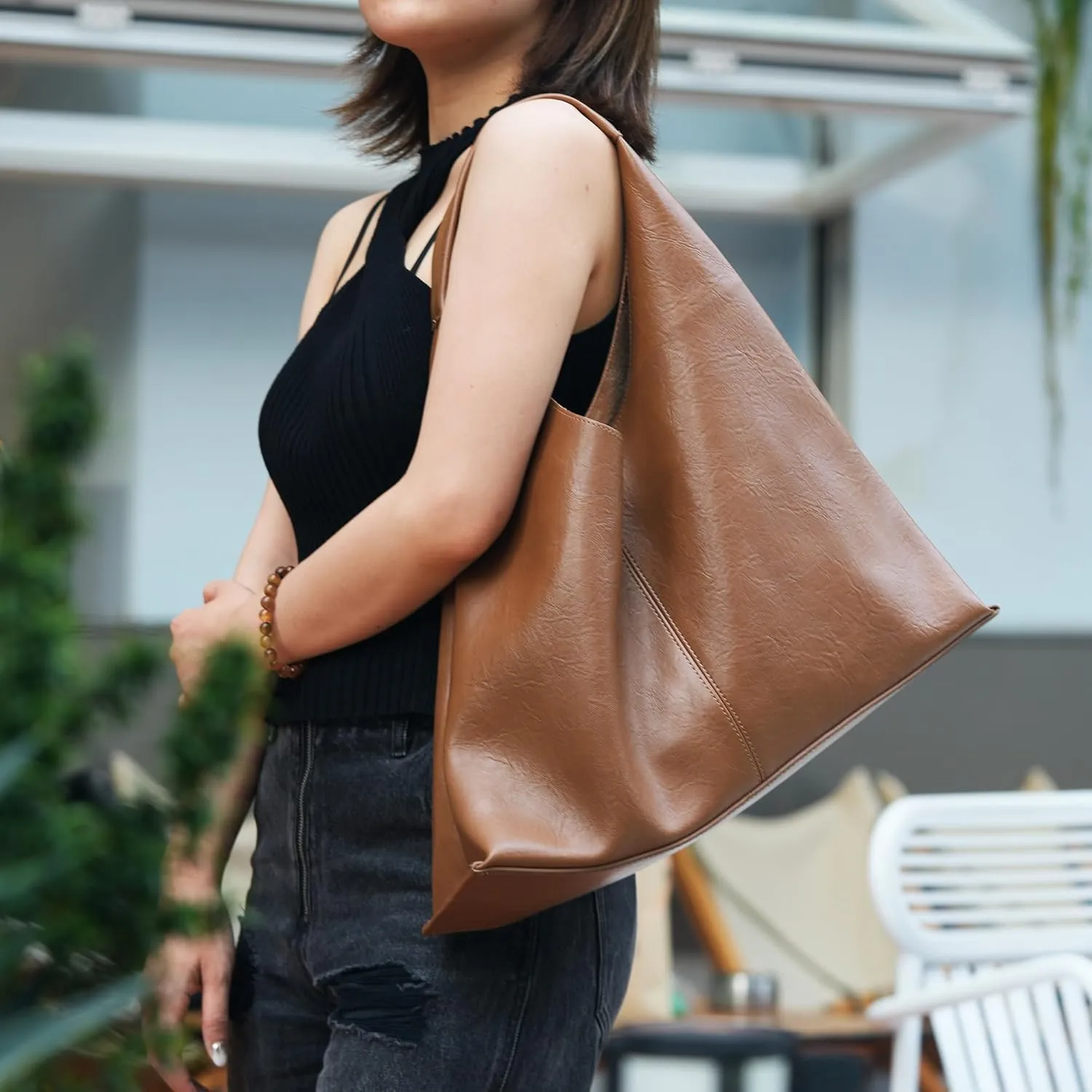 Hobo Shoulder Bag for Women Trendy Lightweight Soft Foldable Leather Hobo Tote Handbag with Coin Purse for Women