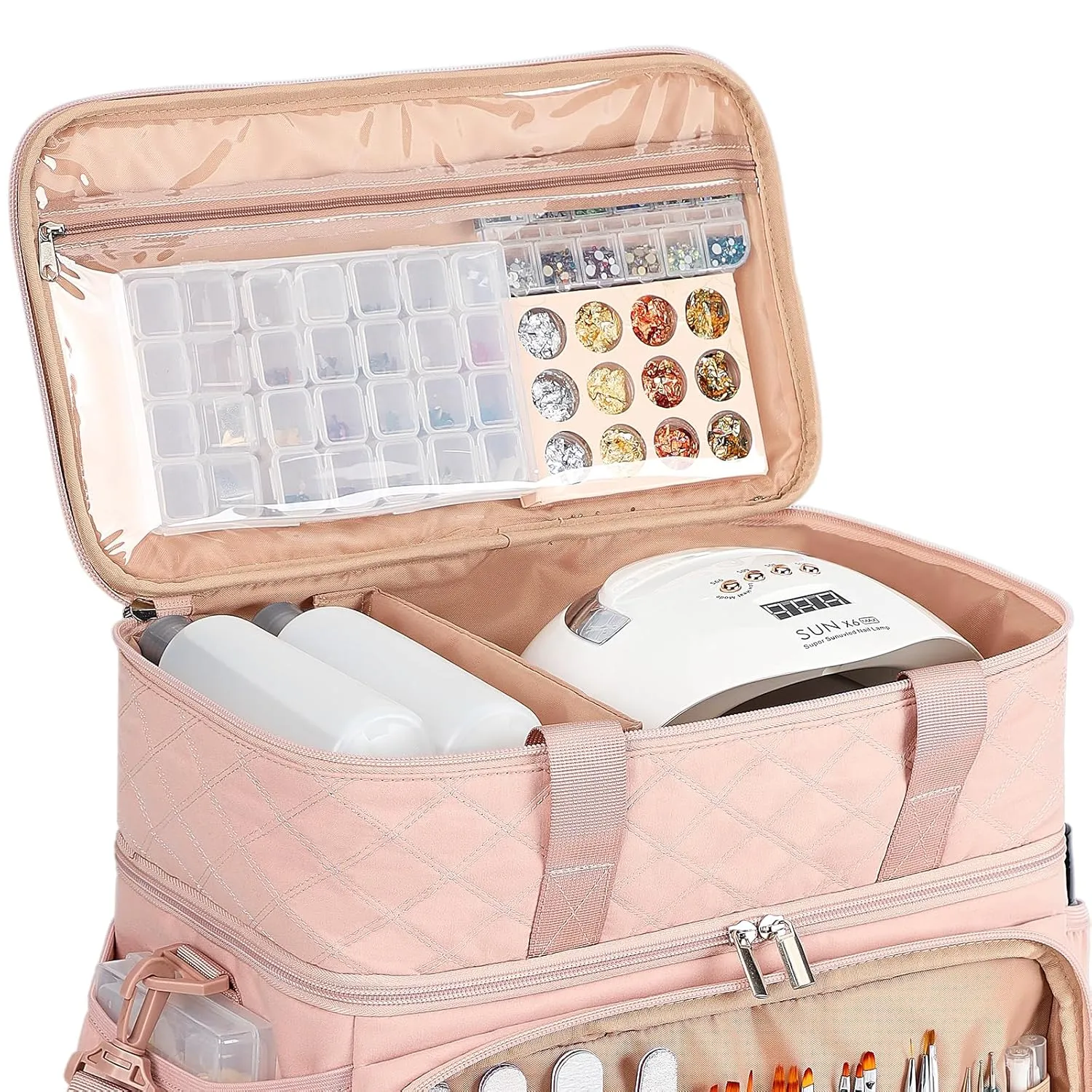 HOMEST Double Layer Nail Polish Organizer Holds 80 Bottles (15ml/0.5 fl. oz) and a Lamp, Case with 2 Removable Pouches for Manicure Tools Storage, Pink(Bag Only)