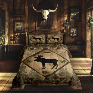 Homewish Moose Silhouette Decor Comforter Set King Size 3 Pcs Green Jungle Pine Trees Cones Bedding Comforter for Kids Teens Adults Vintage Plaid Lodge Cabin Quilt Duvet Set with 2 Pillowcases