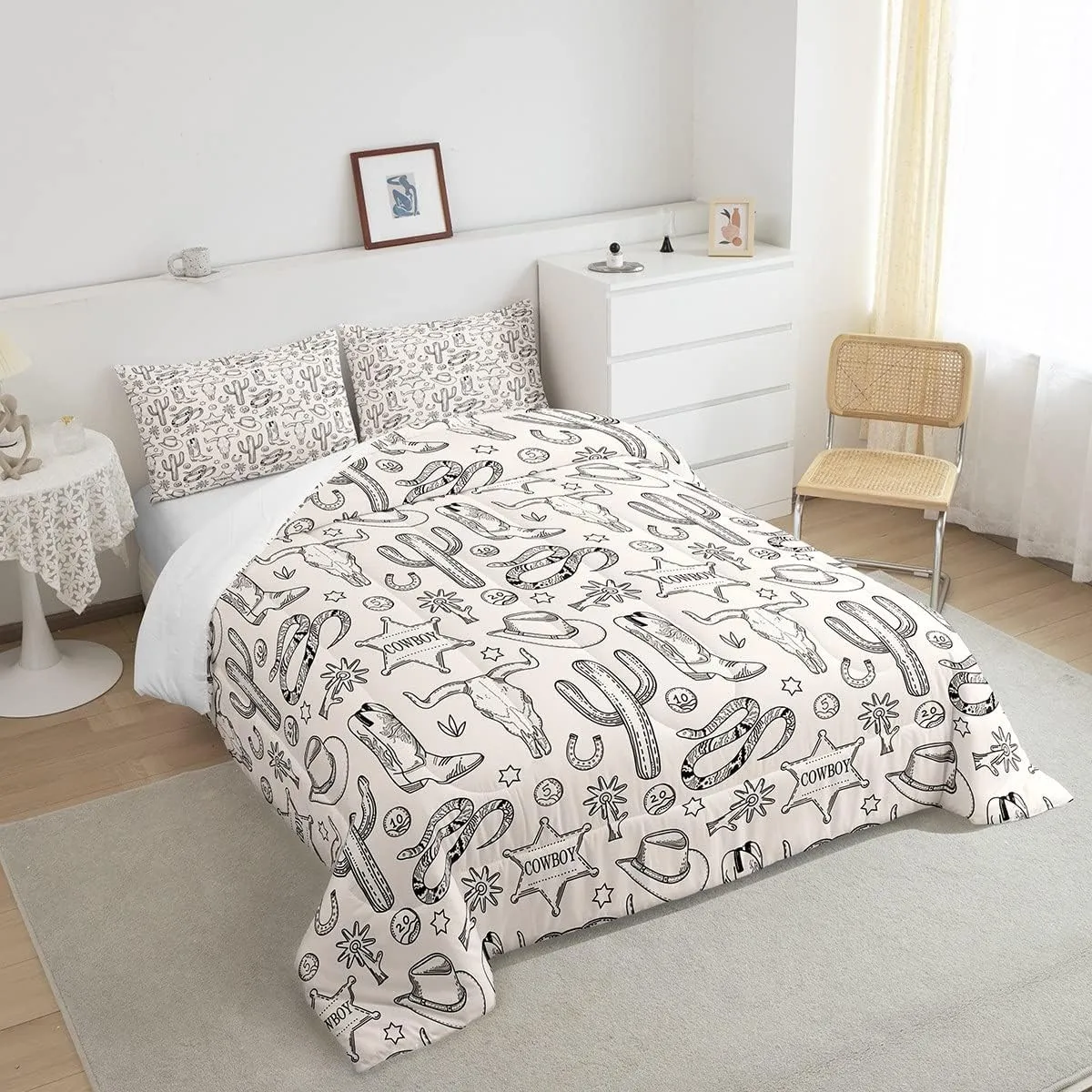 Homewish Western Cowboy Kids Comforter Set Twin Size,Cow Skull Horseshoe Cactus Rustic Bedding Set,Adults Bedroom Decor,Cowboy Boot Hat Farmhouse Down Comforter,Retro Duvet Insert,1 Pillowcase
