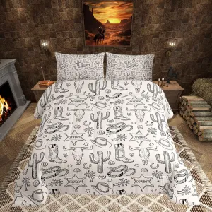 Homewish Western Cowboy Kids Comforter Set Twin Size,Cow Skull Horseshoe Cactus Rustic Bedding Set,Adults Bedroom Decor,Cowboy Boot Hat Farmhouse Down Comforter,Retro Duvet Insert,1 Pillowcase
