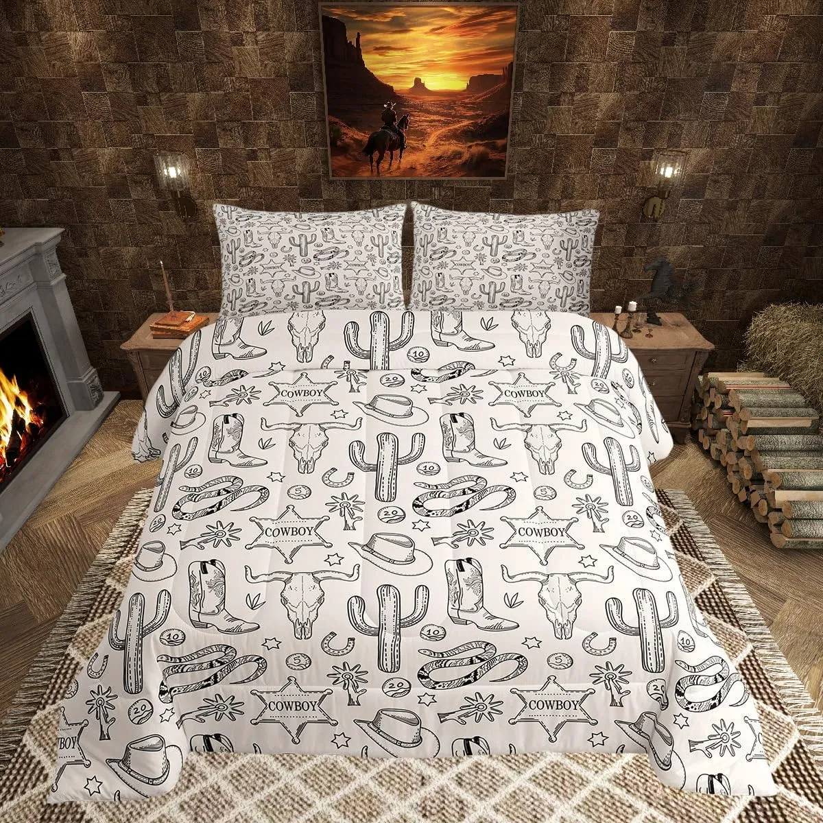 Homewish Western Cowboy Kids Comforter Set Twin Size,Cow Skull Horseshoe Cactus Rustic Bedding Set,Adults Bedroom Decor,Cowboy Boot Hat Farmhouse Down Comforter,Retro Duvet Insert,1 Pillowcase