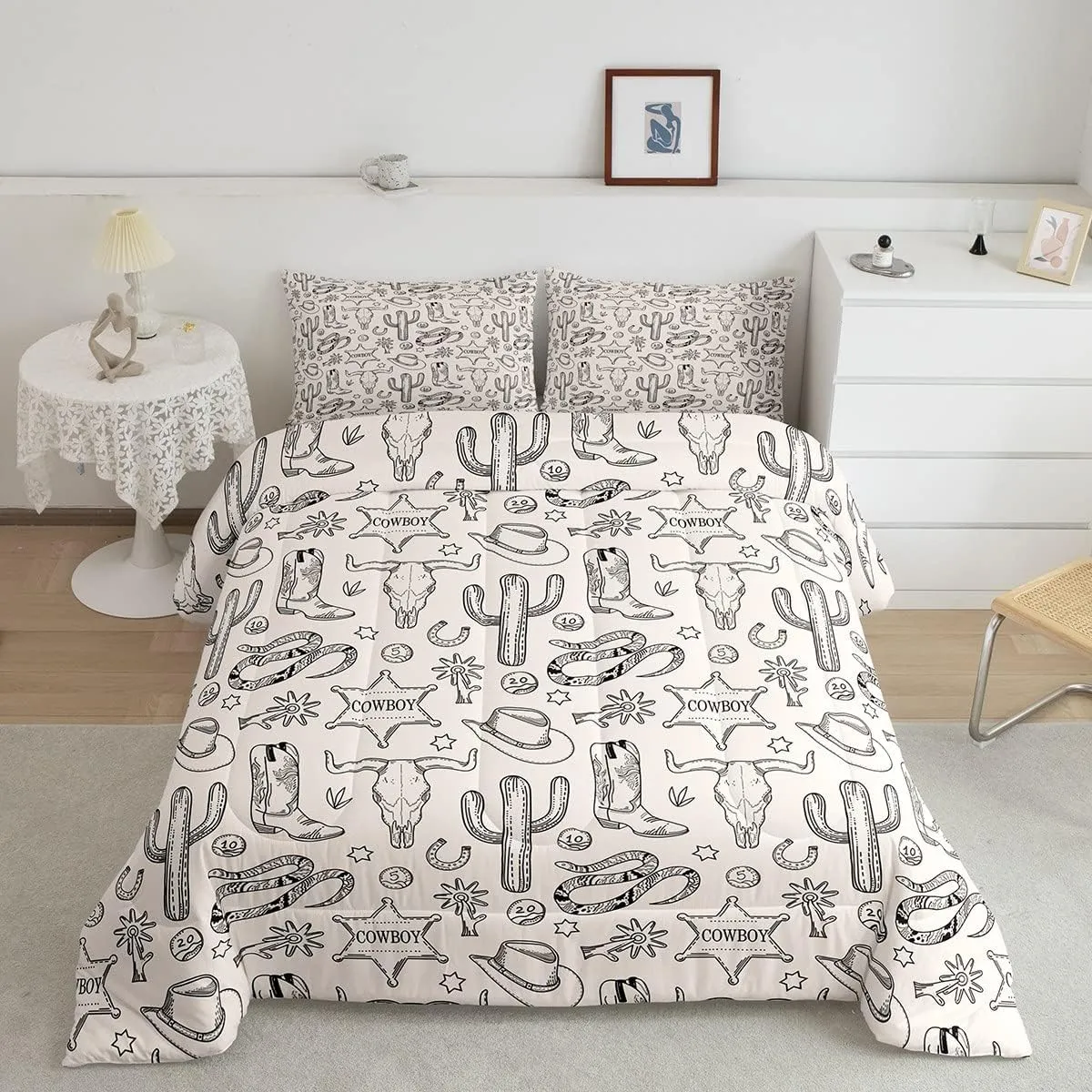 Homewish Western Cowboy Kids Comforter Set Twin Size,Cow Skull Horseshoe Cactus Rustic Bedding Set,Adults Bedroom Decor,Cowboy Boot Hat Farmhouse Down Comforter,Retro Duvet Insert,1 Pillowcase
