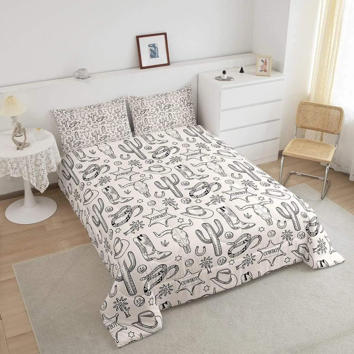 Homewish Western Cowboy Kids Comforter Set Twin Size,Cow Skull Horseshoe Cactus Rustic Bedding Set,Adults Bedroom Decor,Cowboy Boot Hat Farmhouse Down Comforter,Retro Duvet Insert,1 Pillowcase