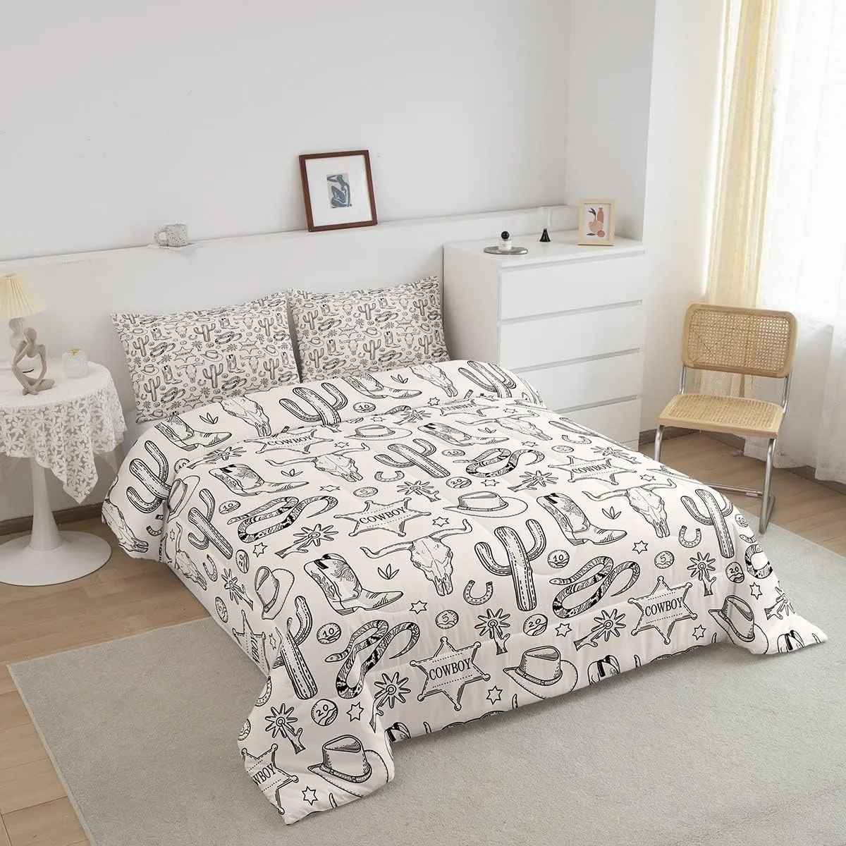 Homewish Western Cowboy Kids Comforter Set Twin Size,Cow Skull Horseshoe Cactus Rustic Bedding Set,Adults Bedroom Decor,Cowboy Boot Hat Farmhouse Down Comforter,Retro Duvet Insert,1 Pillowcase