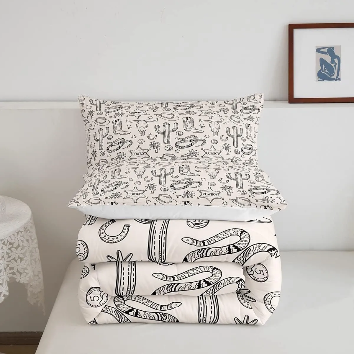 Homewish Western Cowboy Kids Comforter Set Twin Size,Cow Skull Horseshoe Cactus Rustic Bedding Set,Adults Bedroom Decor,Cowboy Boot Hat Farmhouse Down Comforter,Retro Duvet Insert,1 Pillowcase