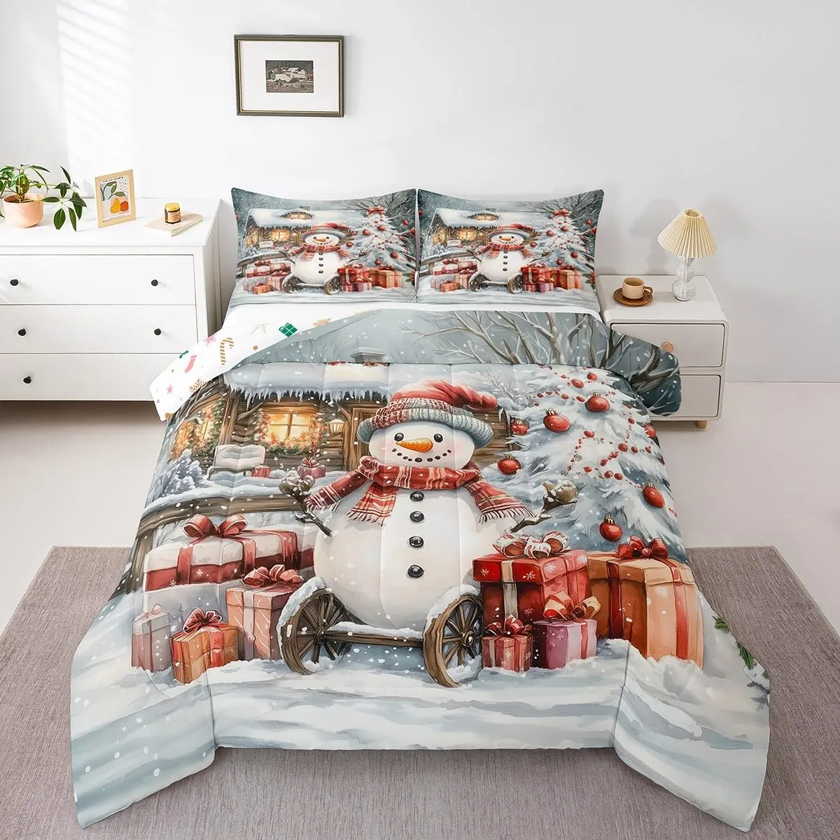 Homewish Winter Snowman Bedding Set Jungle Cabin Jungle Pine Trees Comforter Set for Kids Teens Adults New Year Christmas Rustic Style Comforter Duvet Set with 2 Pillowcases Full Size 3 Pcs