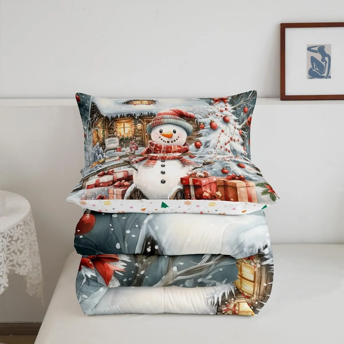 Homewish Winter Snowman Bedding Set Jungle Cabin Jungle Pine Trees Comforter Set for Kids Teens Adults New Year Christmas Rustic Style Comforter Duvet Set with 2 Pillowcases Full Size 3 Pcs
