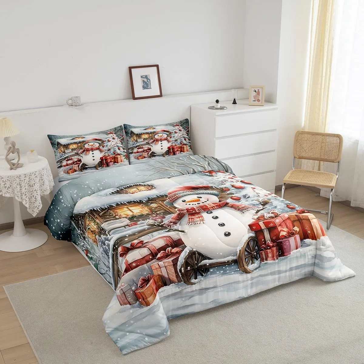 Homewish Winter Snowman Bedding Set Jungle Cabin Jungle Pine Trees Comforter Set for Kids Teens Adults New Year Christmas Rustic Style Comforter Duvet Set with 2 Pillowcases Full Size 3 Pcs