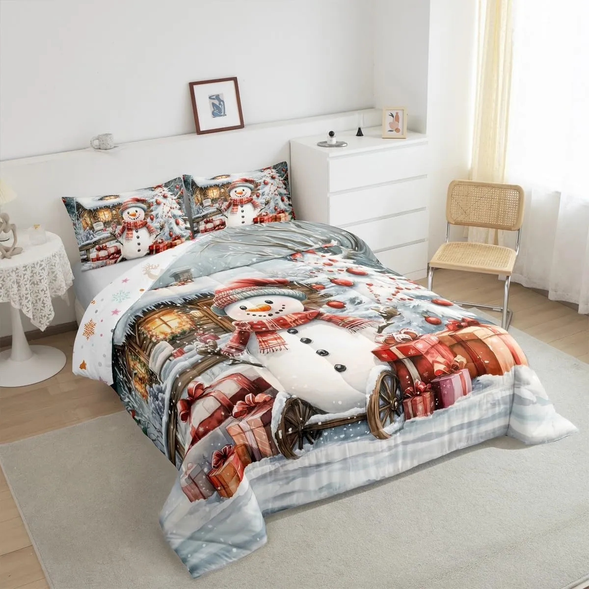 Homewish Winter Snowman Bedding Set Jungle Cabin Jungle Pine Trees Comforter Set for Kids Teens Adults New Year Christmas Rustic Style Comforter Duvet Set with 2 Pillowcases Full Size 3 Pcs