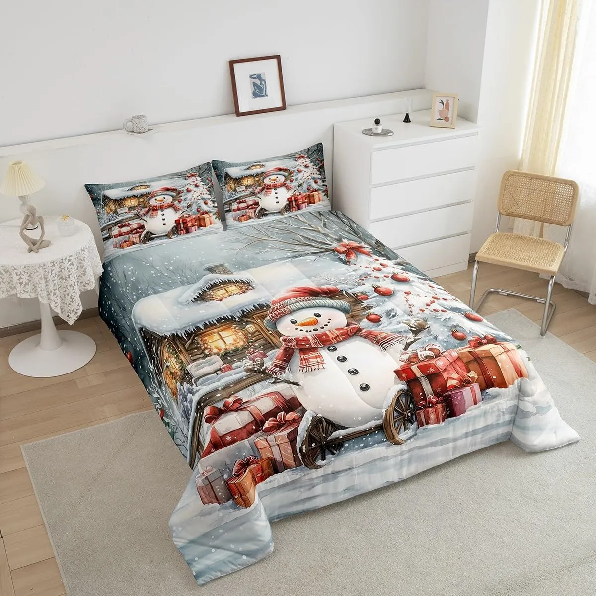 Homewish Winter Snowman Bedding Set Jungle Cabin Jungle Pine Trees Comforter Set for Kids Teens Adults New Year Christmas Rustic Style Comforter Duvet Set with 2 Pillowcases Full Size 3 Pcs