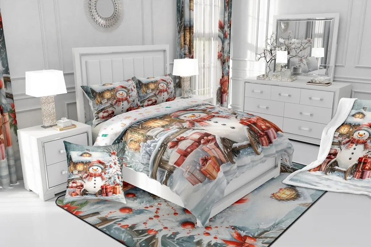 Homewish Winter Snowman Bedding Set Jungle Cabin Jungle Pine Trees Comforter Set for Kids Teens Adults New Year Christmas Rustic Style Comforter Duvet Set with 2 Pillowcases Full Size 3 Pcs