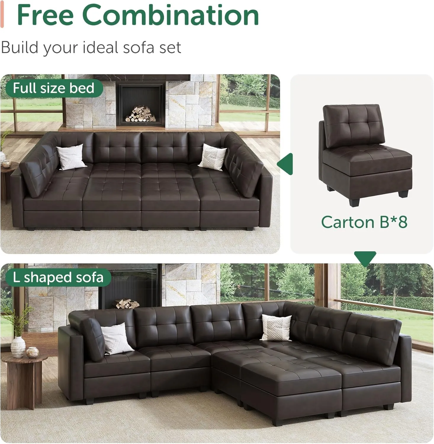 HONBAY Oversized Modular Sleeper Sectional Sofa Bed with Storage - Faux Leather Reversible 8-Seat Couches for Living Room, Brown
