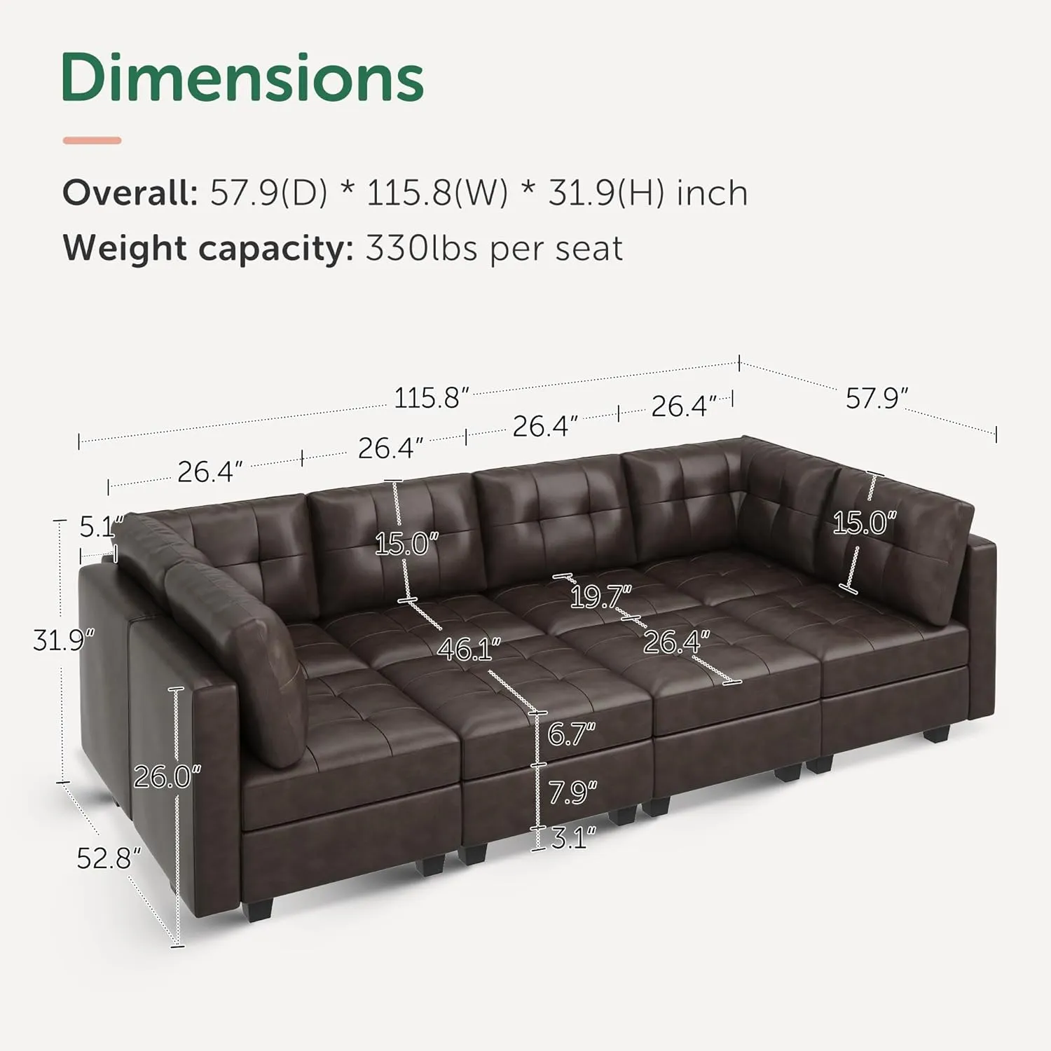 HONBAY Oversized Modular Sleeper Sectional Sofa Bed with Storage - Faux Leather Reversible 8-Seat Couches for Living Room, Brown