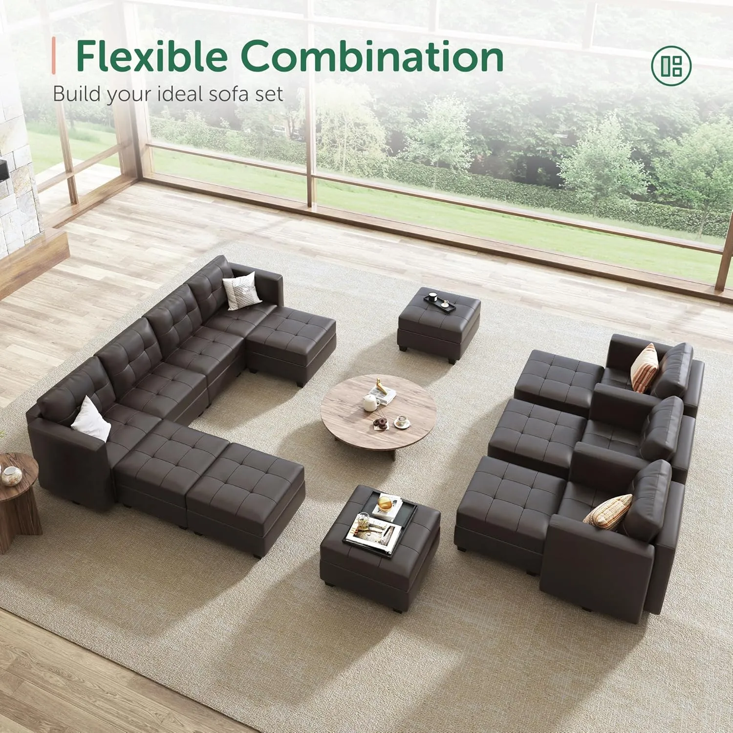 HONBAY Oversized Modular Sleeper Sectional Sofa Bed with Storage - Faux Leather Reversible 8-Seat Couches for Living Room, Brown
