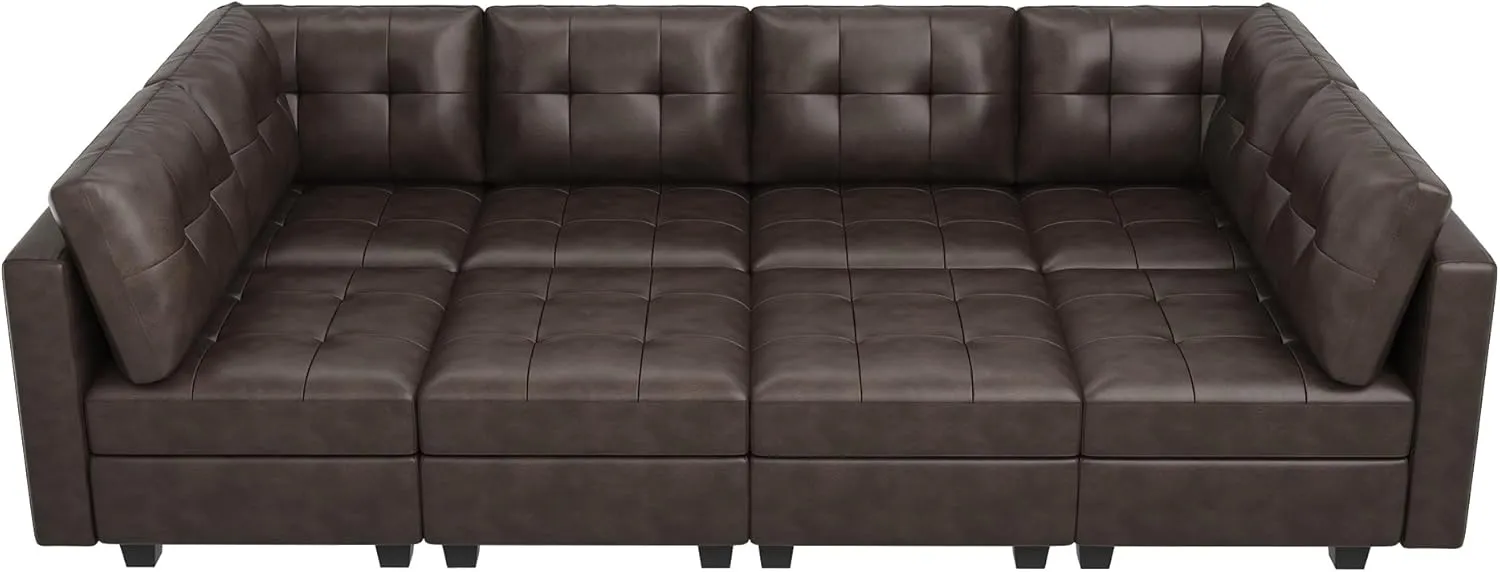 HONBAY Oversized Modular Sleeper Sectional Sofa Bed with Storage - Faux Leather Reversible 8-Seat Couches for Living Room, Brown