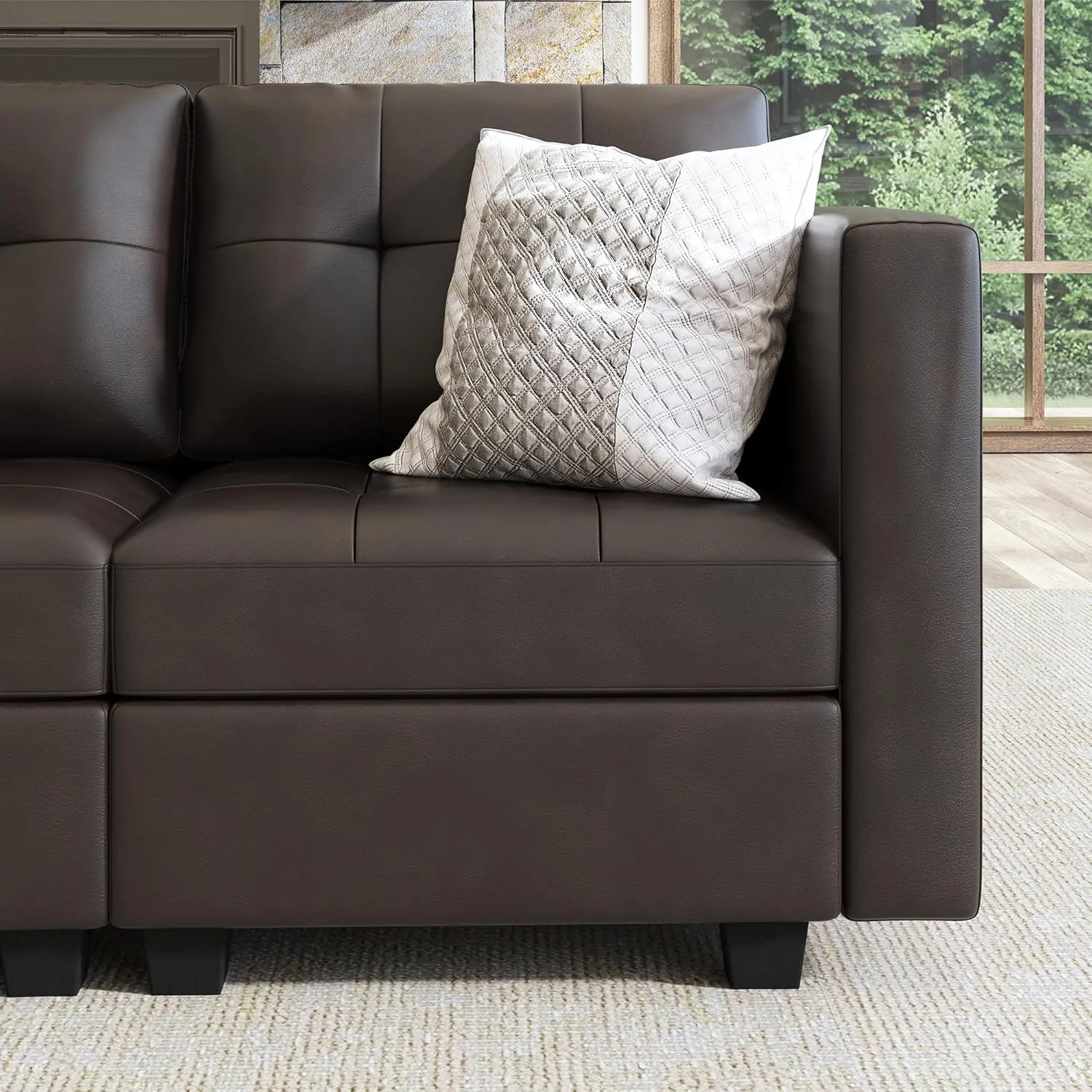 HONBAY Oversized Modular Sleeper Sectional Sofa Bed with Storage - Faux Leather Reversible 8-Seat Couches for Living Room, Brown
