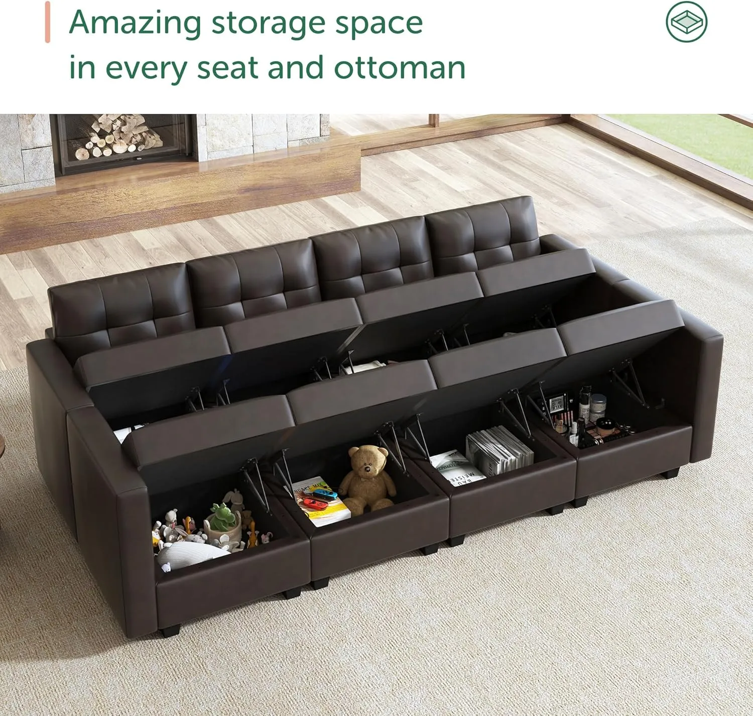 HONBAY Oversized Modular Sleeper Sectional Sofa Bed with Storage - Faux Leather Reversible 8-Seat Couches for Living Room, Brown