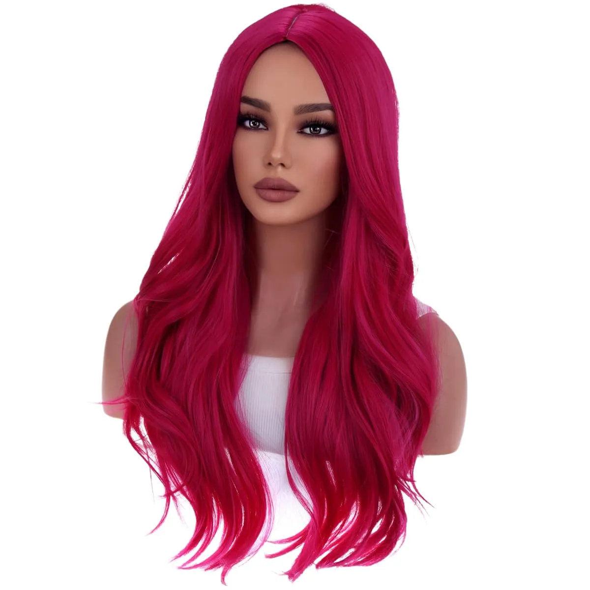 Hot Pink Wigs for Women Girls Middle Part Wig Long Pink Wig Heat Resistant Synthetic Curly Wavy Wigs for Cosplay Costume Party