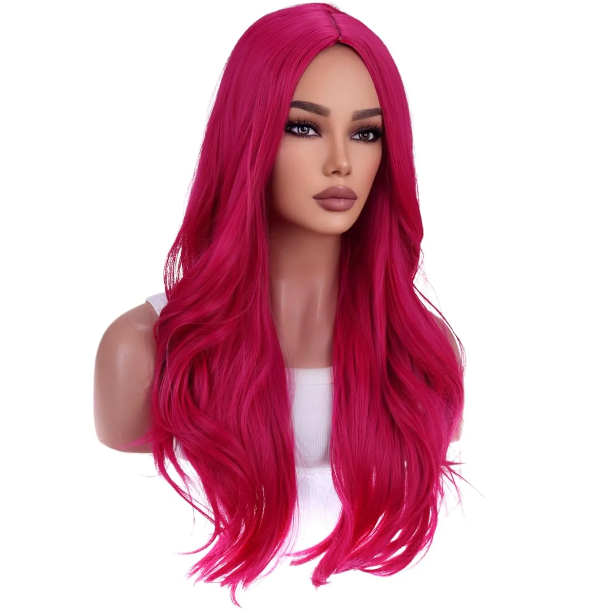 Hot Pink Wigs for Women Girls Middle Part Wig Long Pink Wig Heat Resistant Synthetic Curly Wavy Wigs for Cosplay Costume Party