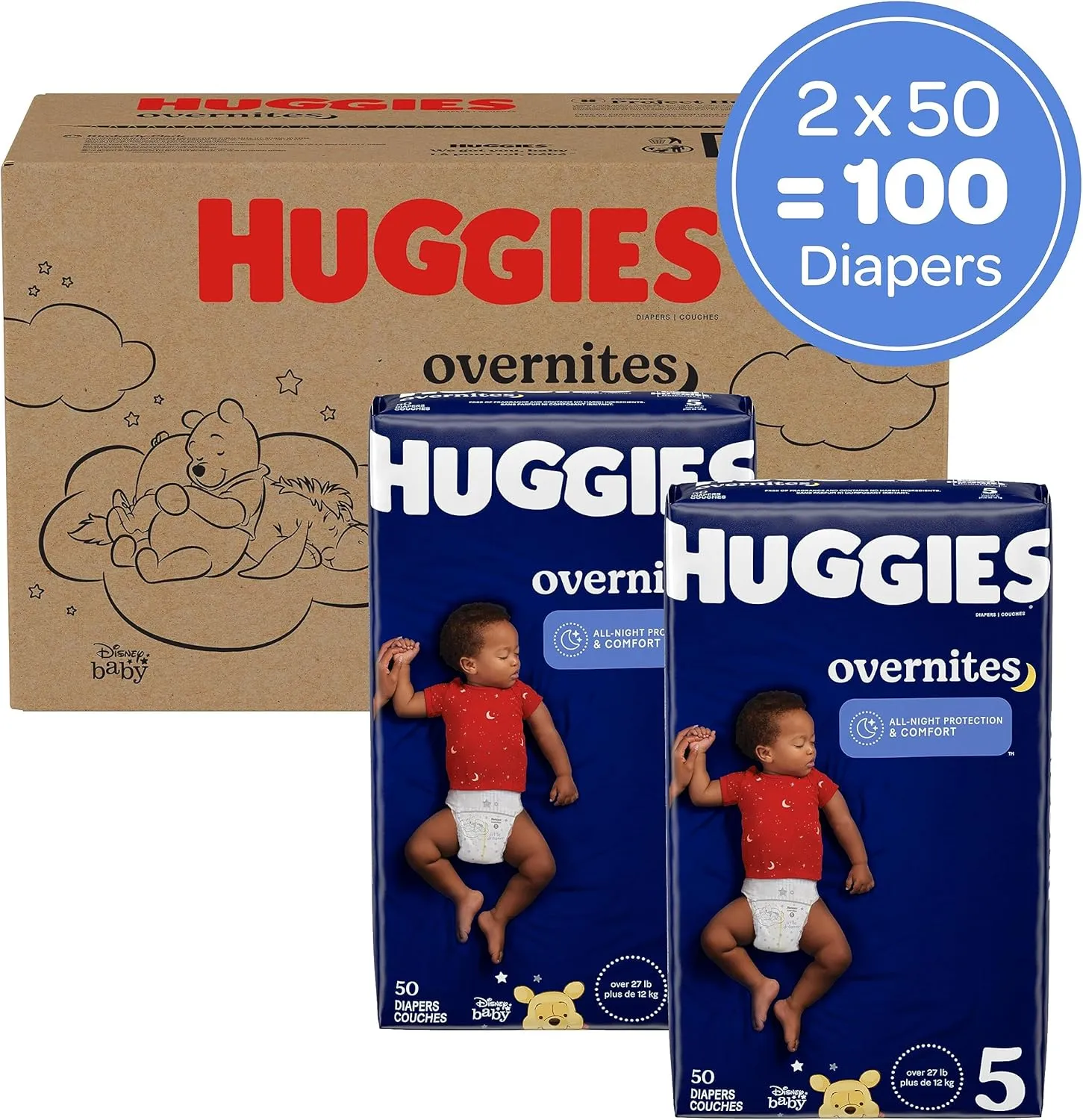 Huggies Size 5 Overnites Baby Diapers: Overnight Diapers, Size 5 (27  lbs), 100 Ct (2 Packs of 50), Packaging May Vary