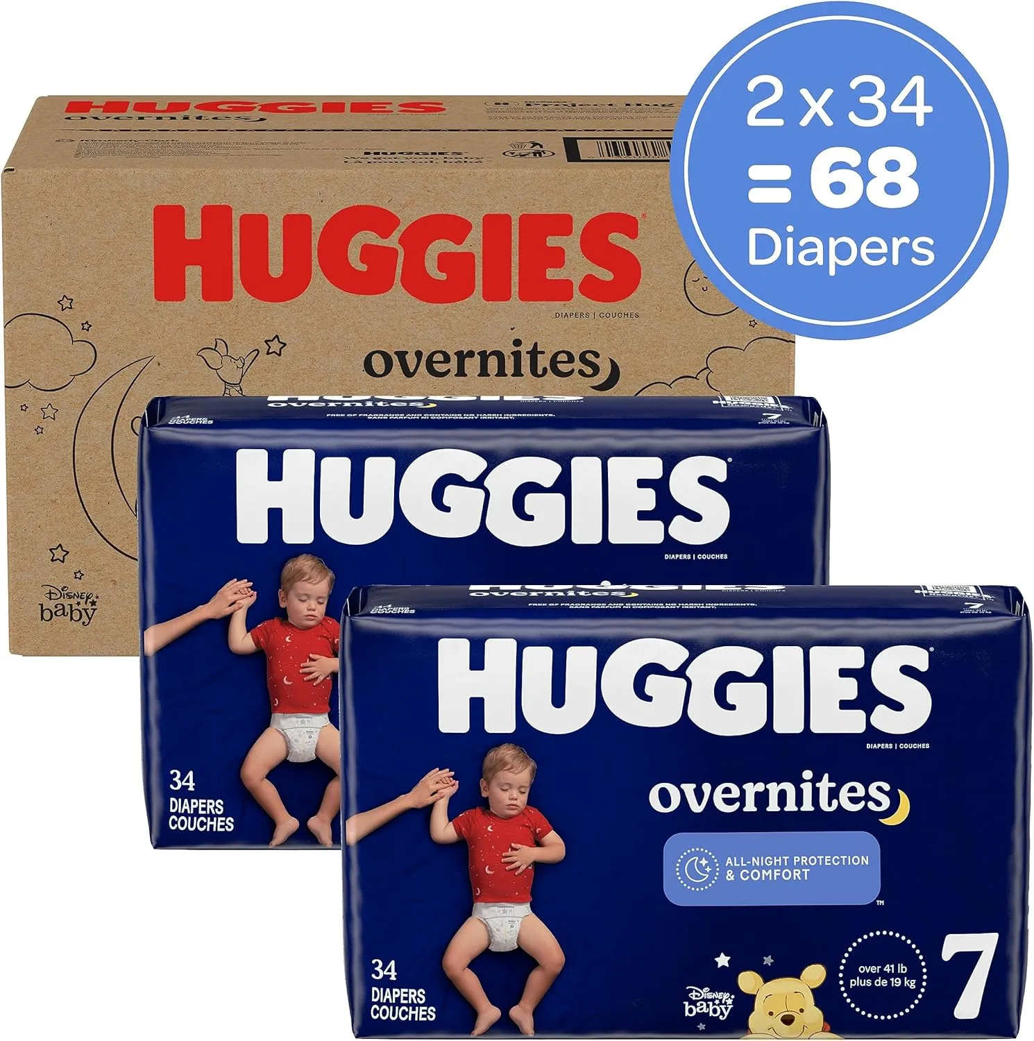 Huggies Size 7 Overnites Baby Diapers: Overnight Diapers, Size 7 (41  lbs), 68 Ct (2 Packs of 34), Packaging May Vary