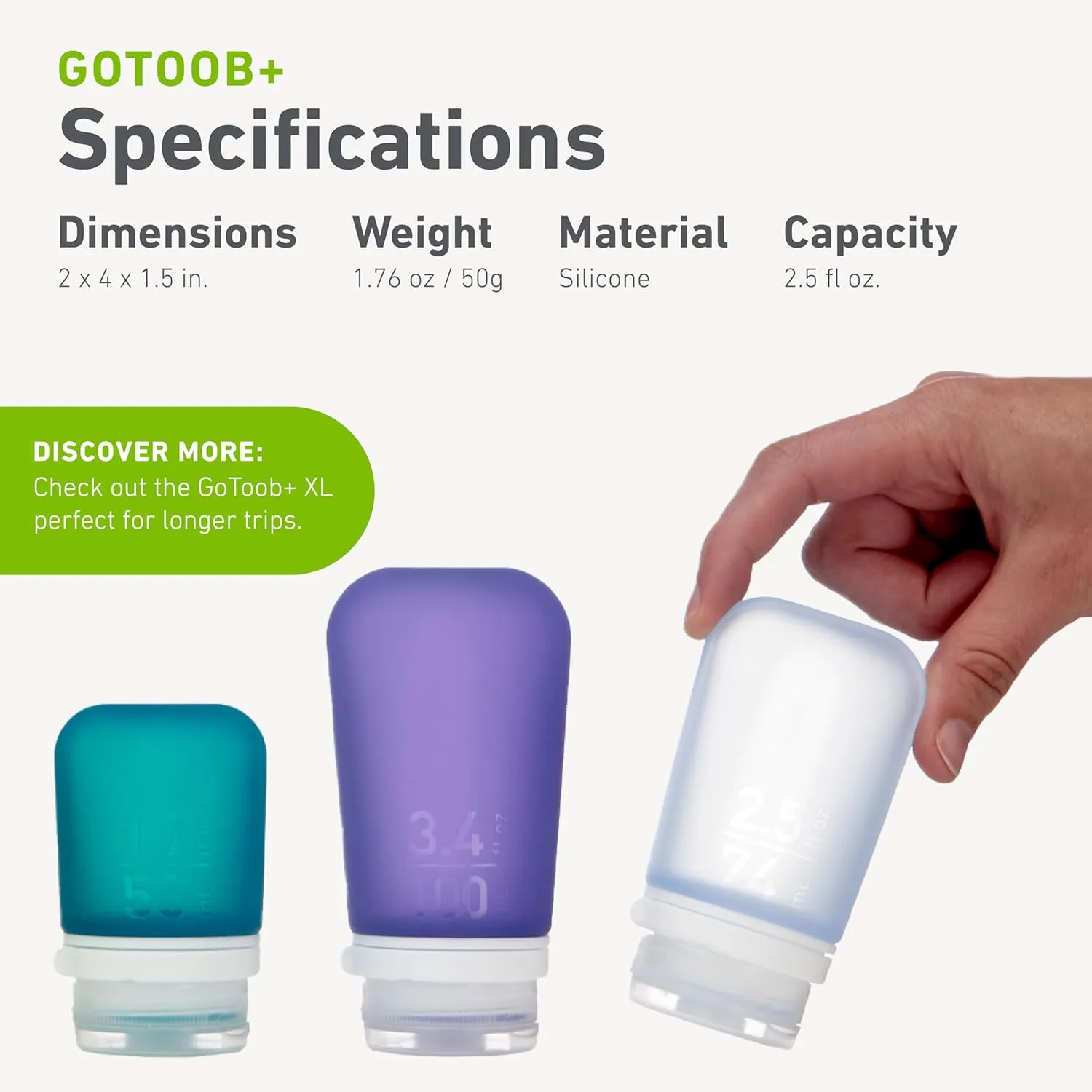 humangear GoToob  3-Pack (Medium) | Refillable Silicone Travel Bottle | Locking Lid | Food-Safe Material, Clear/Purple/Teal, Medium (2.5 fl.oz.; 74ml)