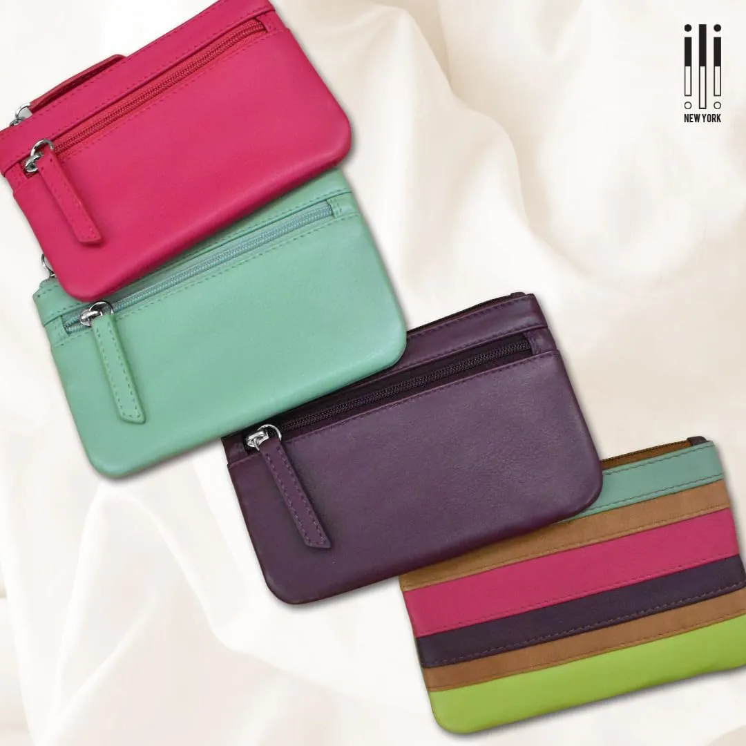 ili New York Mini Leather Coin Purse, Compact Design with Key Ring and RFID Protection for Women and Men in Vibrant Colors, Aegean Blue